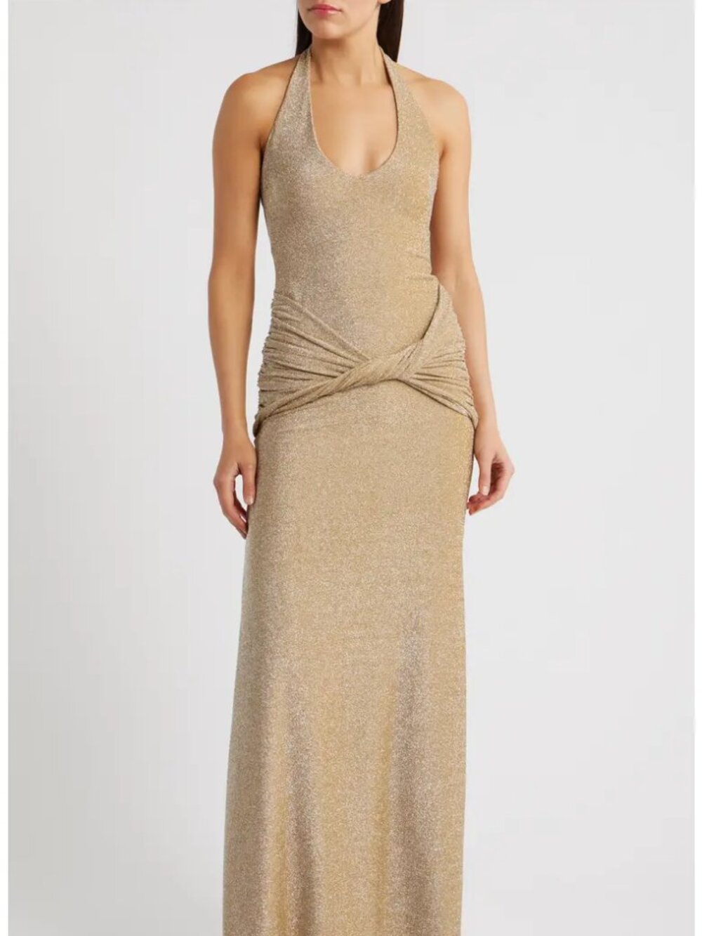 Soraya Metallic Jersey Halter Column Gown - Size XS